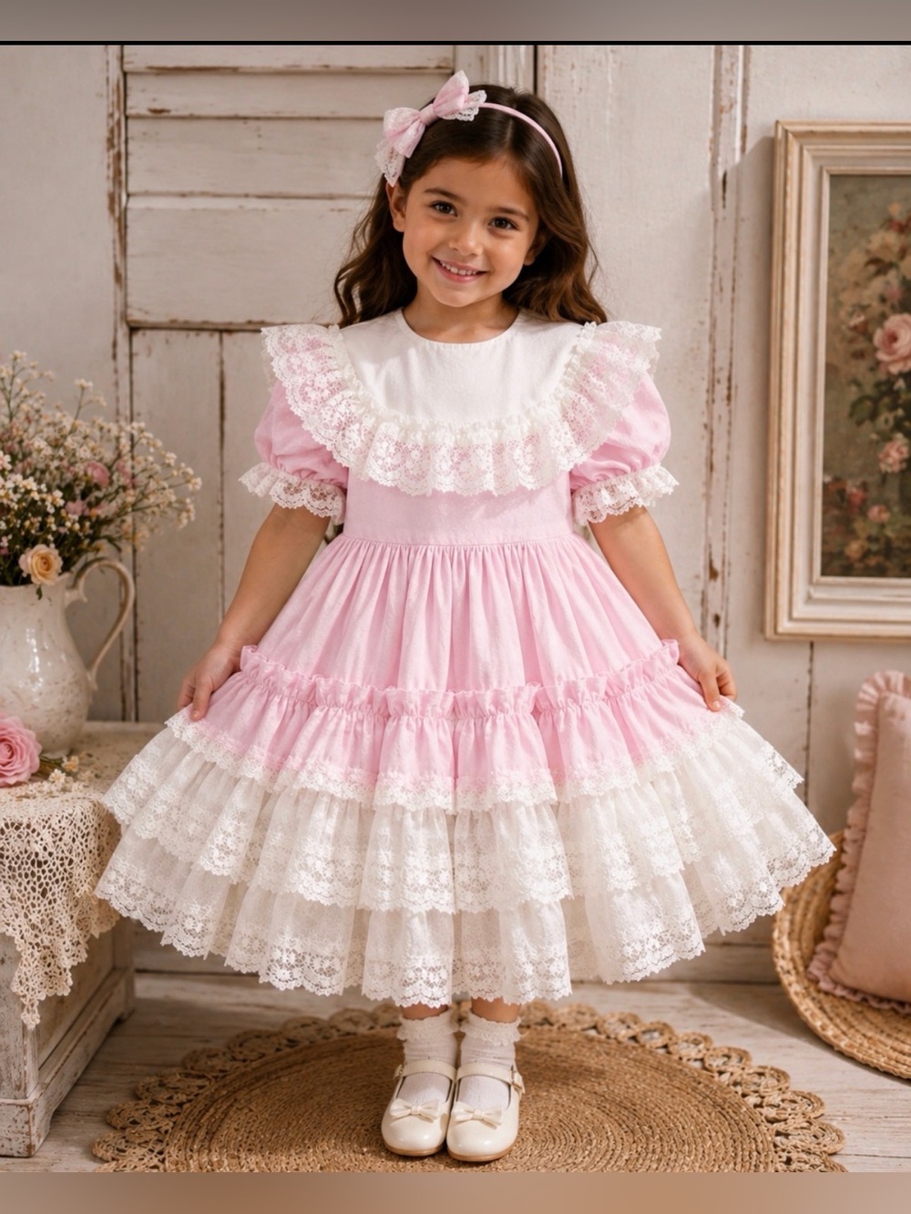 Vintage Charming Pink and White Kids Dress with Lace size 8-12 pounds